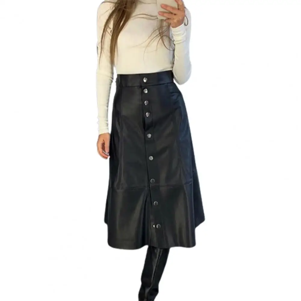 

Pu Leather Skirts For Women Front Split High Waist A-line Skirt Mid-calf Elegant Solid Office Lady Buttons Autumn юбка женская