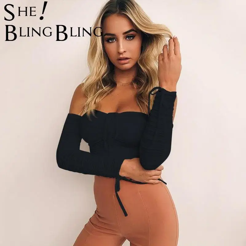 Сексуальная Женская футболка SheBlingBling с открытыми плечами сезон весна осень топы