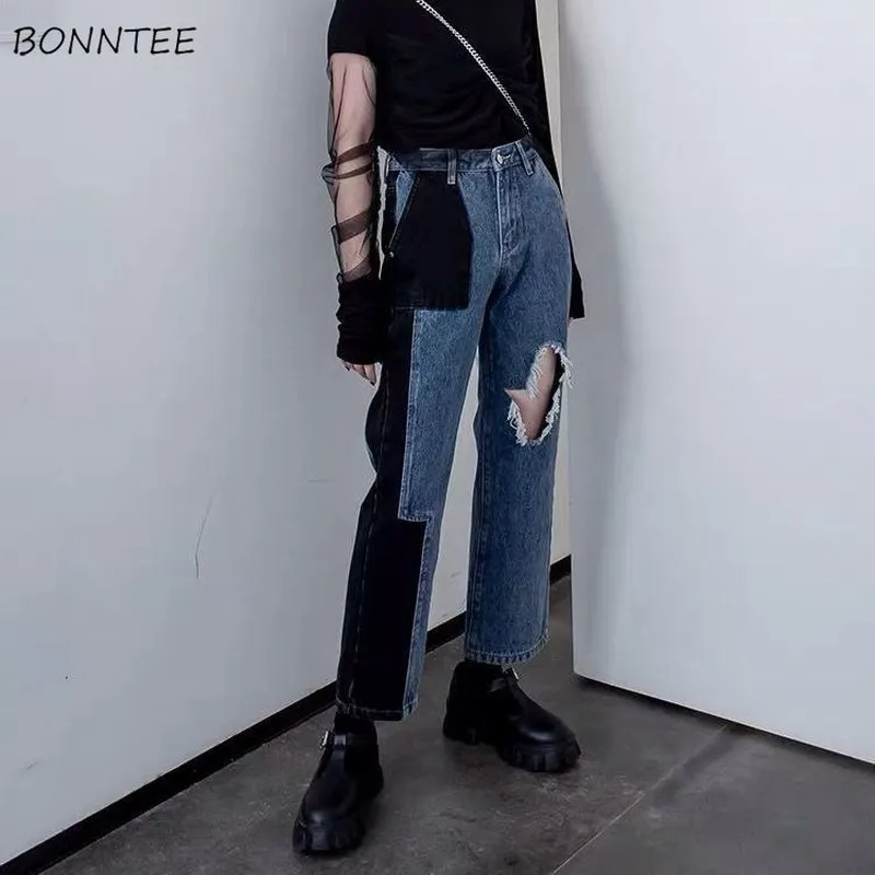

Patchwork Jeans Women Panelled Ripped Holes Korean Style Chic Trendy Streetwear Popular BF All-match Loose Female Bottom Denim