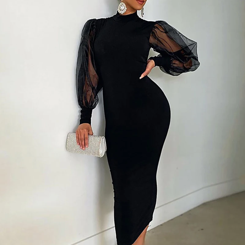 

Fashion Women Long sleeve Bodycon Dress Dress Clubwear Nightclub dress Mesh Splicing Puff Sleeve Black MidiDress