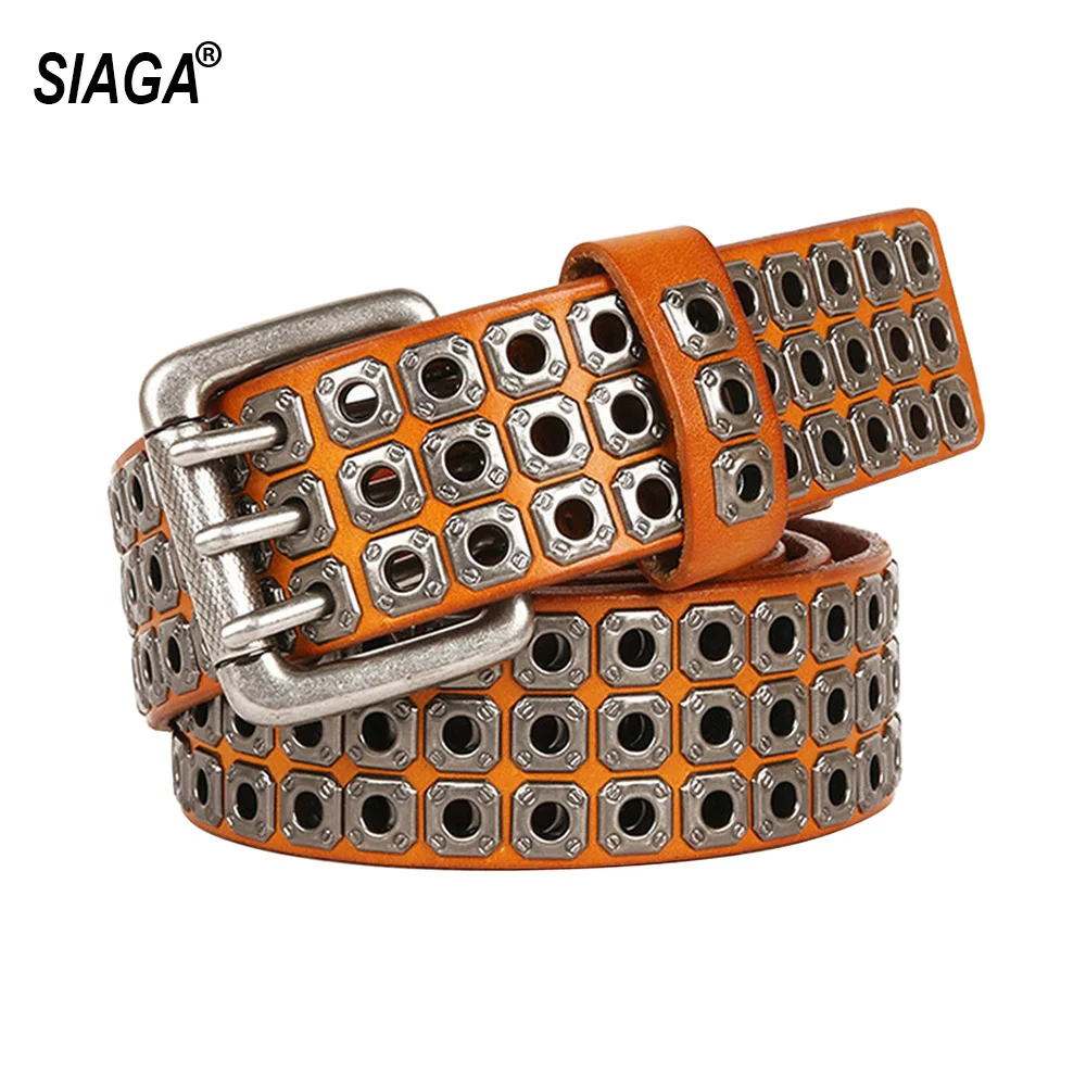 Unisex Personalized Three Pin Buckle Rivet Hip-hop Punk Metal Belt Quality Cow Skin Leather Belts for Men & Women SA020