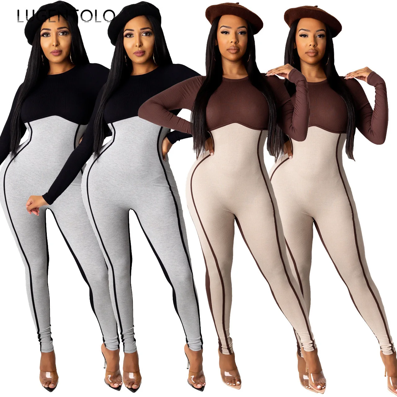 

Lugentolo Women Jumpsuit Sexy Tight Spring Autumn Round Collar Stitching Color Slim Casual Female Fashion Jumpsuits