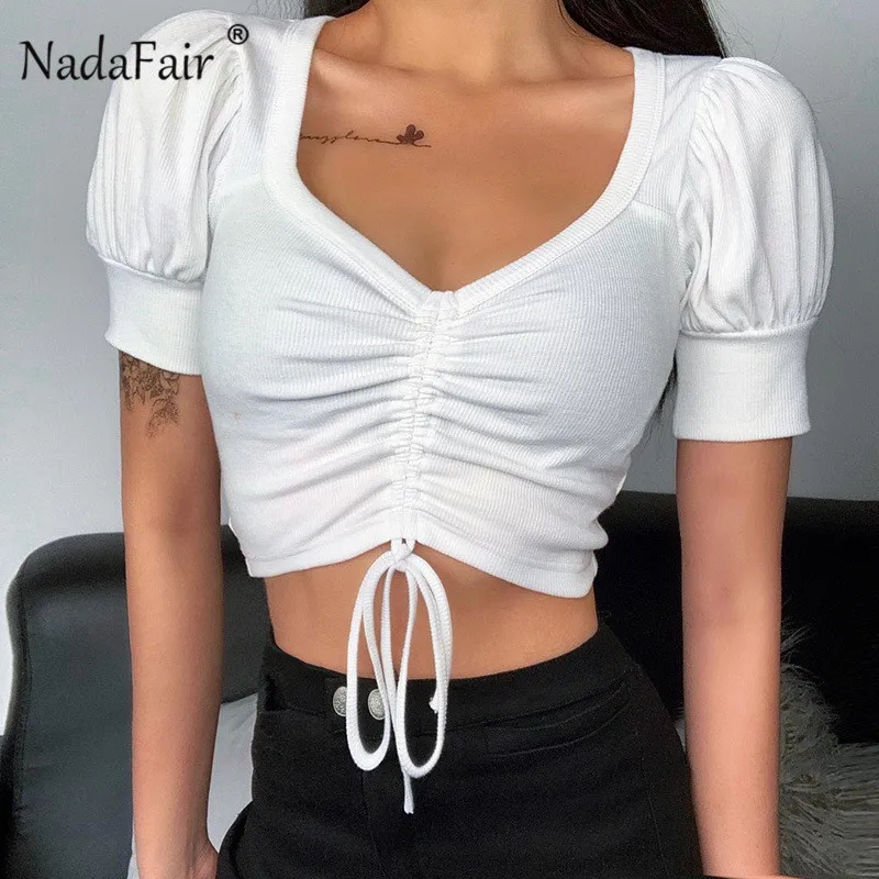 Nadafair String Puff Top White Knitting Short Sleeve Crop Casual Blue Summer Tank Tops Women | Женская одежда
