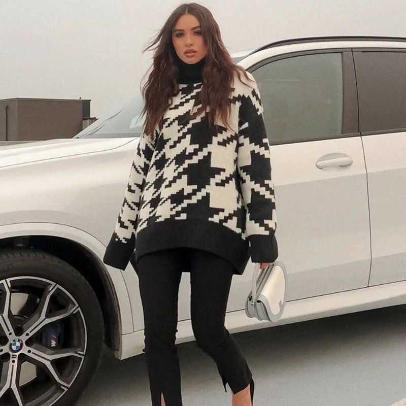 

Autumn Winter Houndstooth Pullover Women Sweater Casual Loose Long Sleeve Turtleneck Vintage Korean Black White Sweaters Tops XL