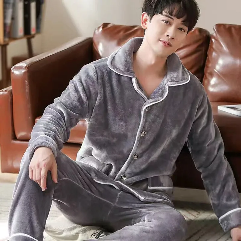 Winter Pajamas Set Casual PJS For Man Cartoon Warm Long Homewear Men's Flannel Thick Pajama Fashion Clothes Big Size 2PCS/SET