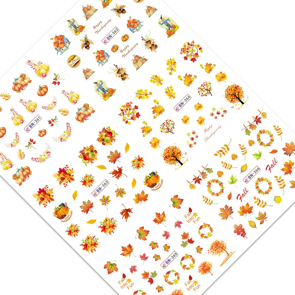 12pcs Gold Leaf Stickers For Nails Autumn Maple Nail Art Water Decals Set Foils Decorations Designs Flowers Manicure