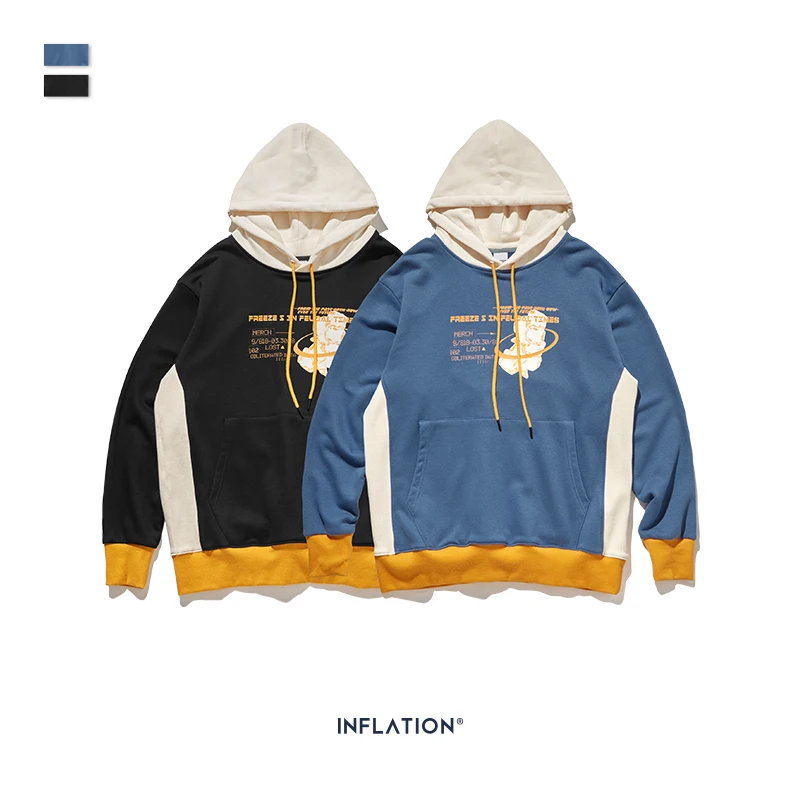 INFLATION Design Loose Fit Hoodie Men Winter Hoodies Colour Block With Print Logo Streetwear Mens Fleece Cotton 9632W | Мужская одежда