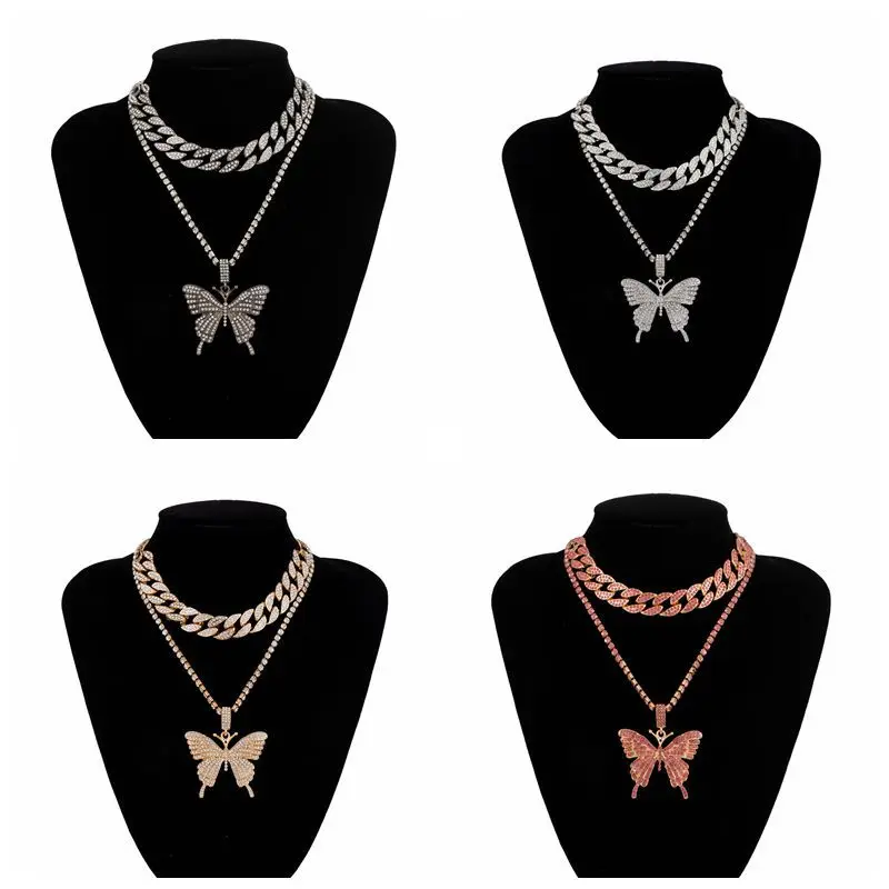 

hip hop jewelry bling cuban link chain butterfly choker dnecklace set butterfly jewelry