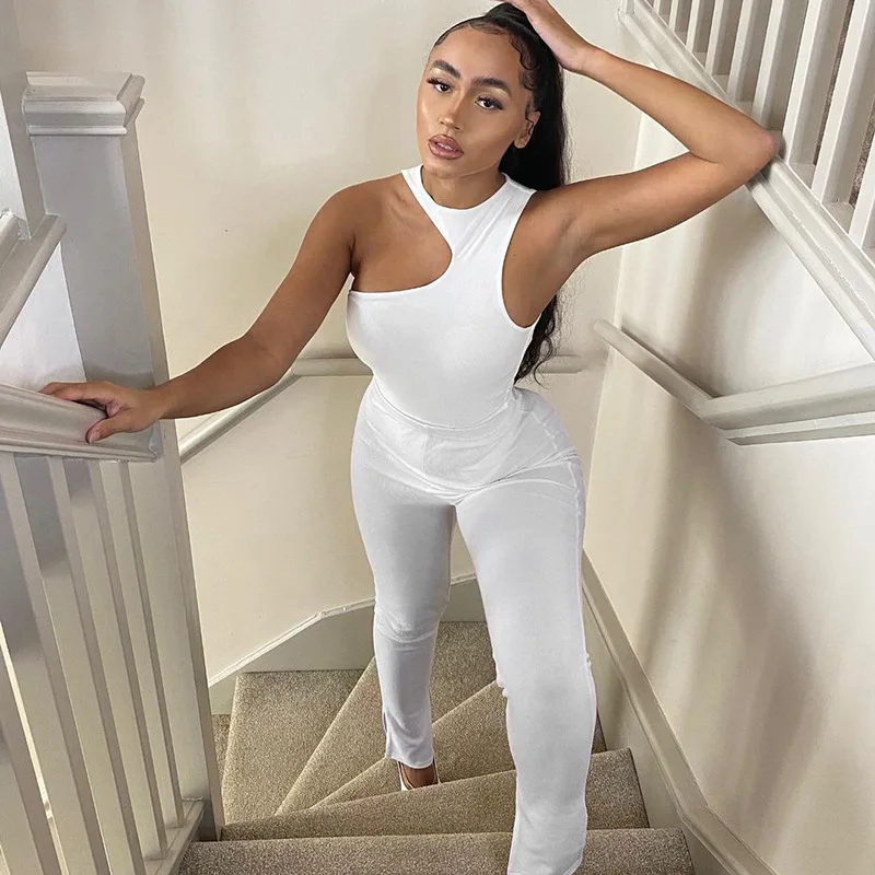 

Women Summer 2 Piece Set Black/White/Brown Sexy Irregular Bodysuit + Pencil Pants Solid Color Bodycon Basic Set