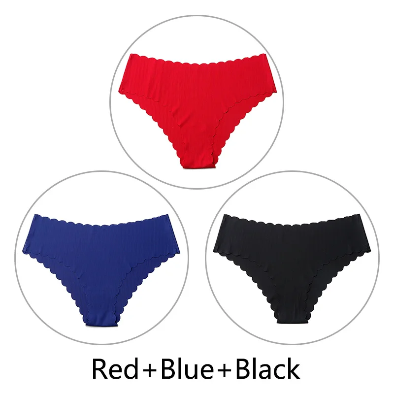Red Blue Black 3 шт./партия, сексуальные бесшовные трусики с оборками для женщин, полосатые трусы с низкой посадкой, цельное нижнее белье, женское нижнее белье, американский размер xs-l - Цвет: Red Blue Black