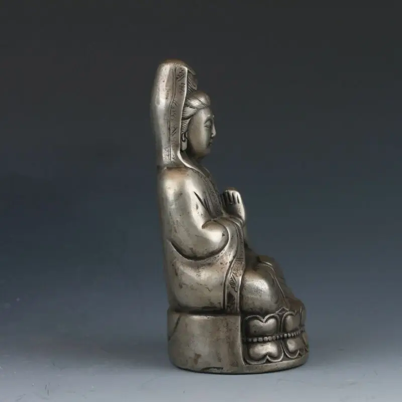 

Collectible Chinese Miao Silver Hand-carved Kwan Yin Statue Qing Dynasty