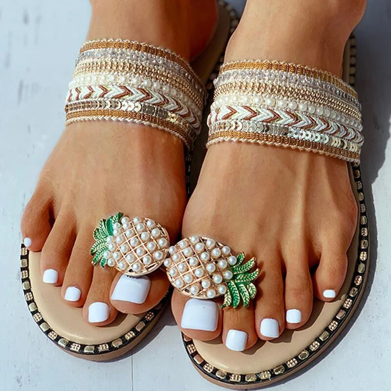 Шлепанцы женские с ананасовым жемчугом плоская подошва богемный стиль