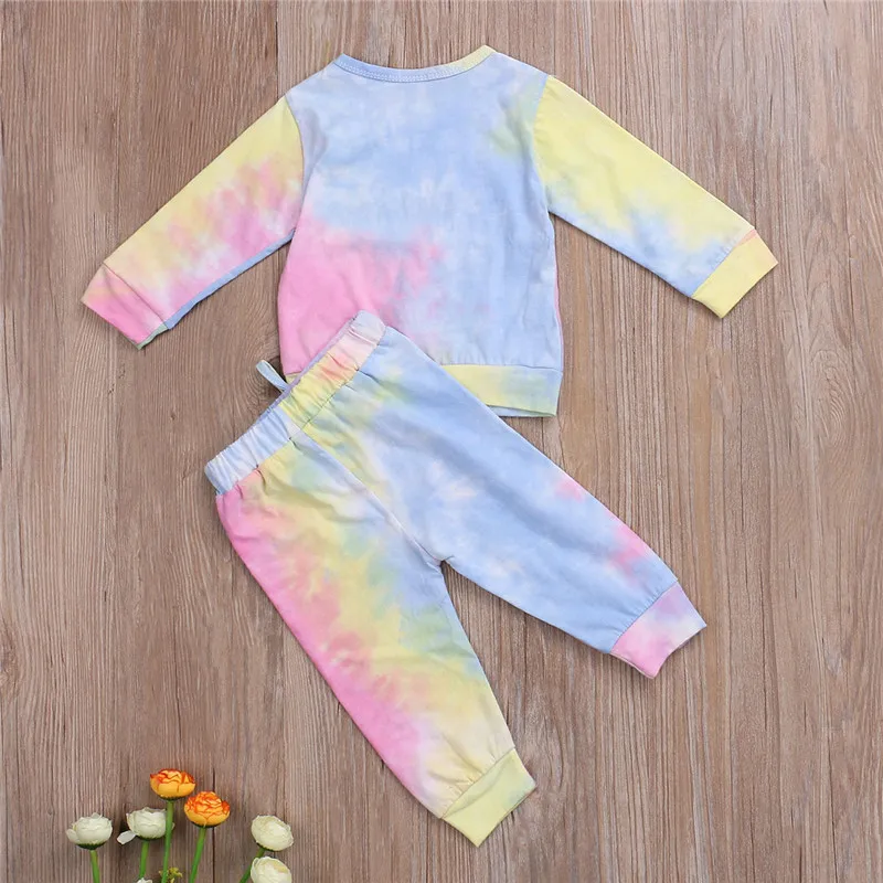 

Kids Boy Girl Autumn Clothes Fresh Tie-dye Long-sleeved Suit Gradient Printing Round Neck Pullover Top Elastic Waist Long Pants