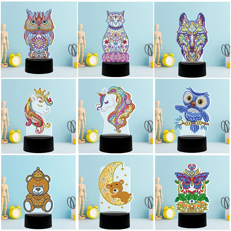 

New 7 Color Led Night Light Diamond Painting Rhinestones Bear Wolf Owl Cat Card Lamp Christmas 5D Holiday New Year Gift