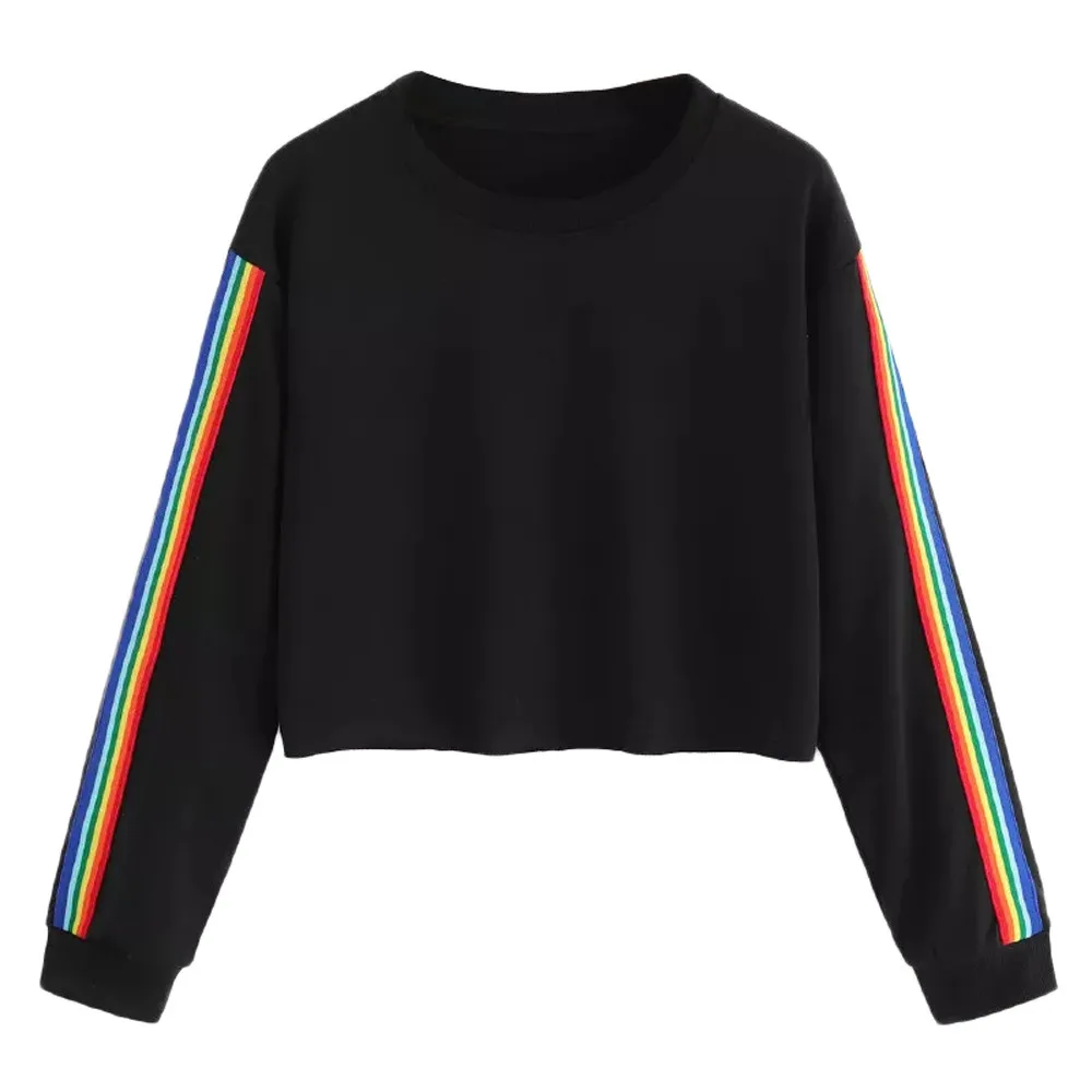 

hoodie Women Long Sleeve Rainbow Patchwork O Neck Sweatshirt Casual Blouse Pullover harajuku All-match Leisure Streetwear топ