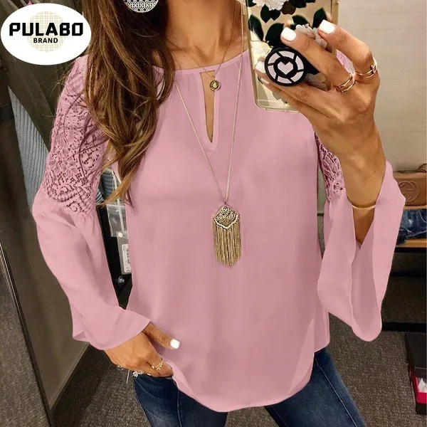 

Lace Stitching Horn Sleeve Long Sleeve Chiffon Shirt Lady Blouse Ladies Girl Women Hollow Casual Chiffon Blouse Tops
