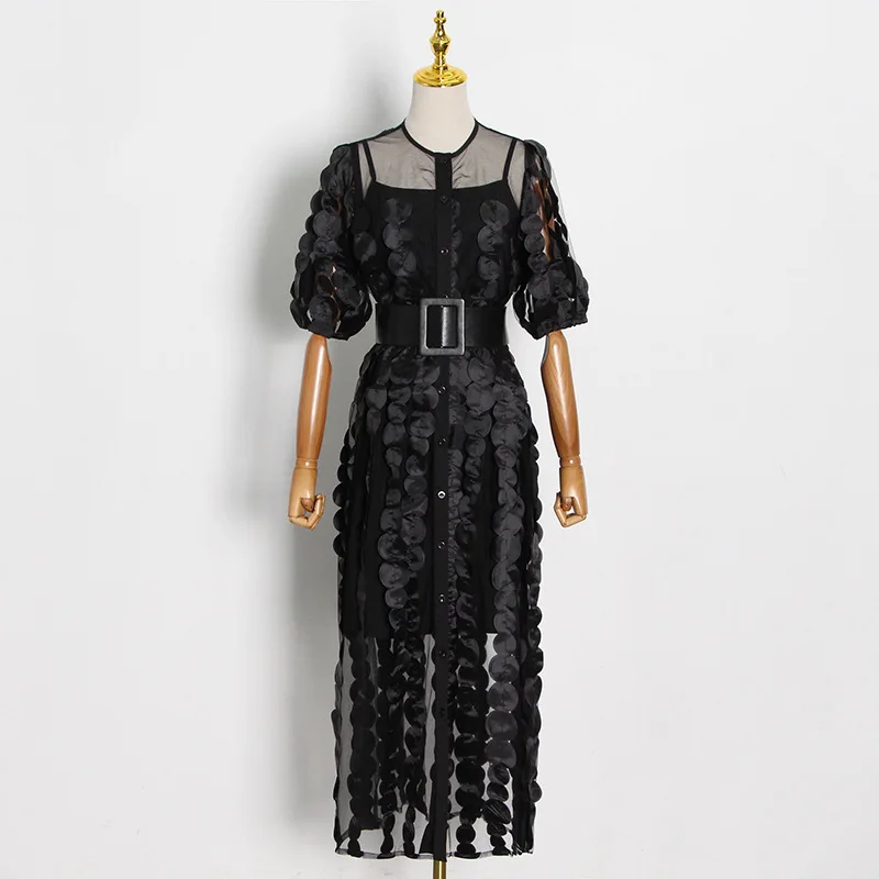 Женское платье-миди с круглым вырезом и пышными рукавами | Женская одежда