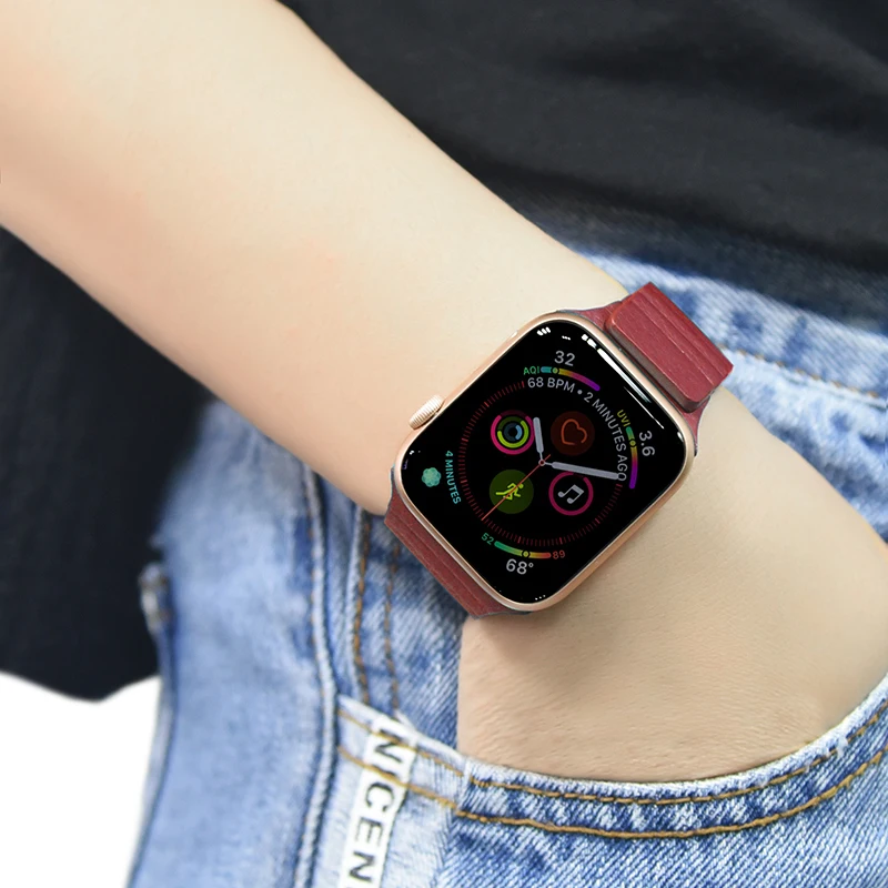 Ремешок кожаный для Apple Watch band 44 мм 40 38 42 магнитный браслет смарт часов iWatch series 3 4 5 se