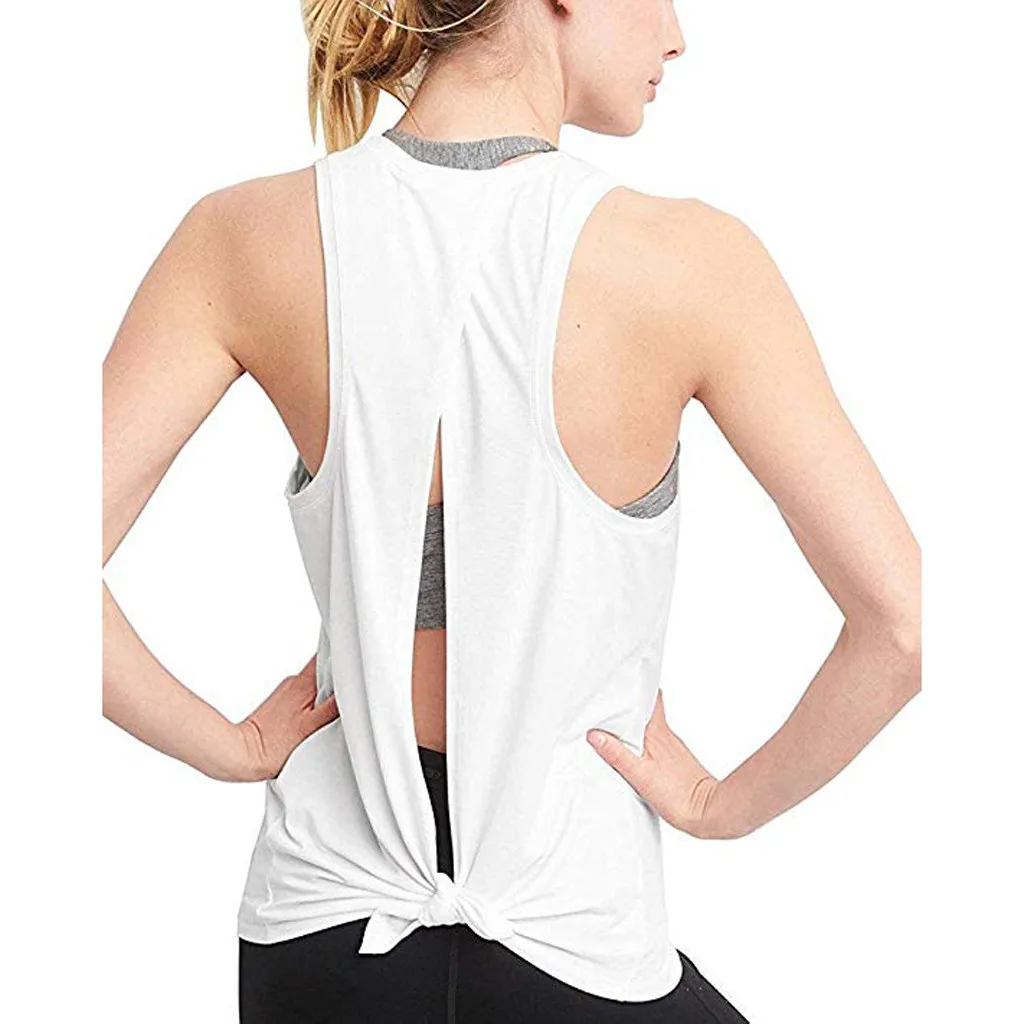 

Women Sexy Open Back Sport Solid Yoga Shirts Tie Workout Racerback Tank Tops fitness tops women sport shirt
