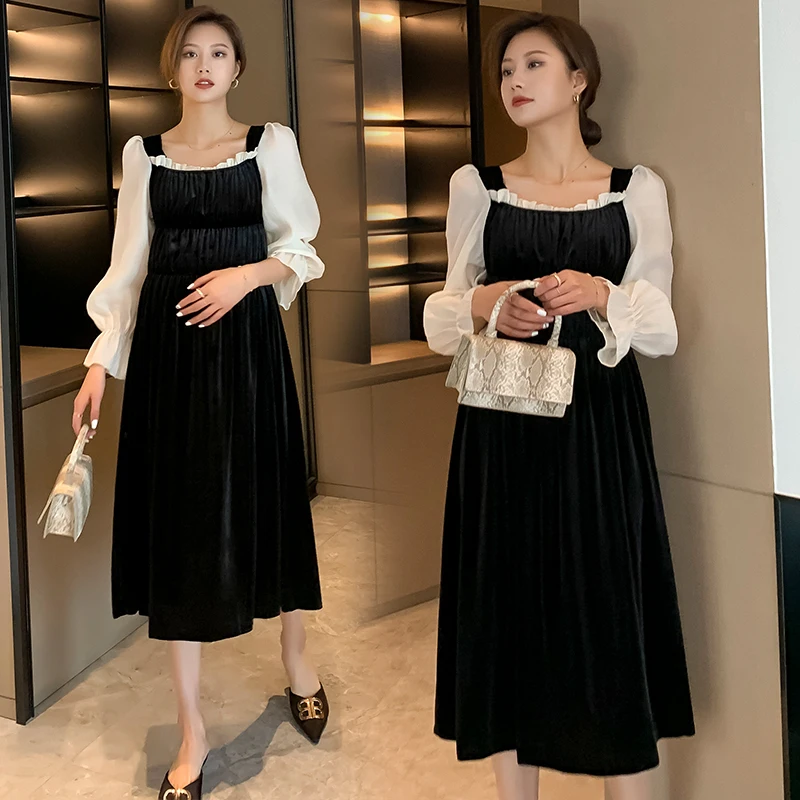 

708# 2021 Spring Pleuche Patchwork Maternity Long Dress Korean Fashion Sweet A Line Loose Clothes for Pregnant Women Pregnancy