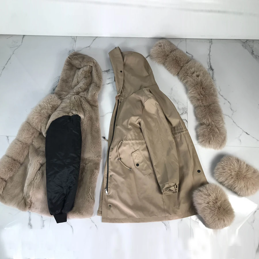 real natural fox fur coat jacket parka with big fox fur collar rabbit fur liner thick warm fashion new winter waterproof