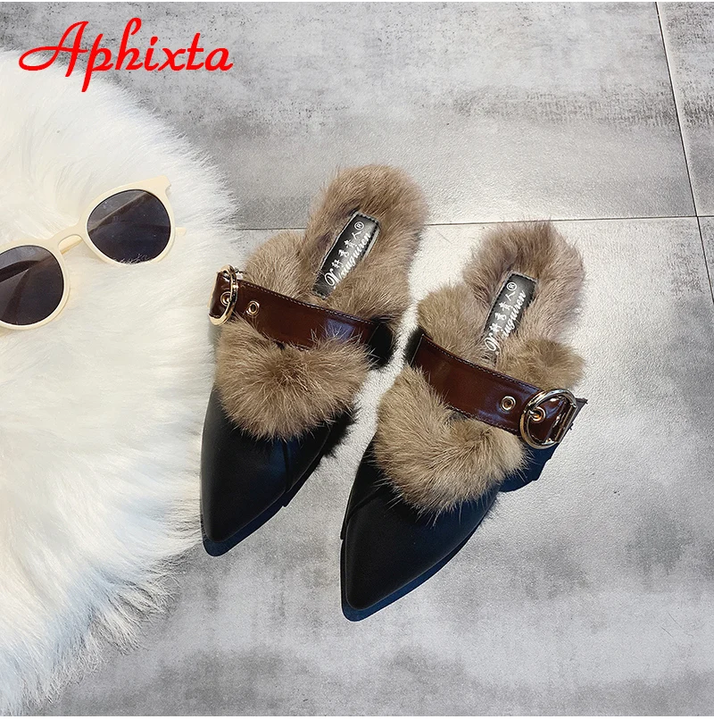 Aphixta/женские шлепанцы с острым носком; Коллекция года; обувь без задника с натуральным животным мехом; обувь с пряжкой; тапочки с натуральным мехом; женская обувь на меху