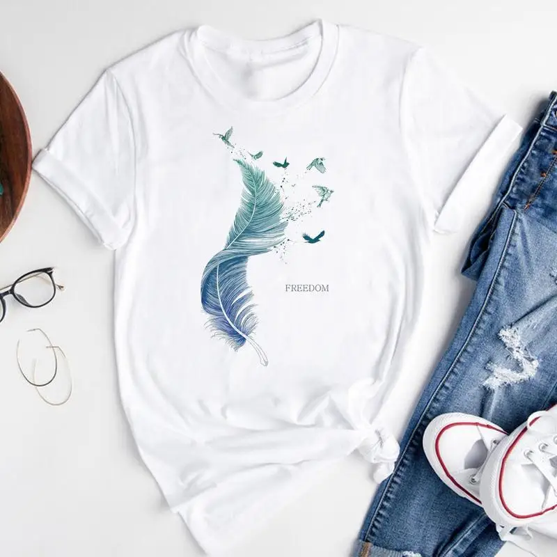 

Women Graphic Cartoon Feather Printing Cute Ladies Short Sleeve Summer Fashion Print Female Clothes Tops Tees Tshirt T-shirt