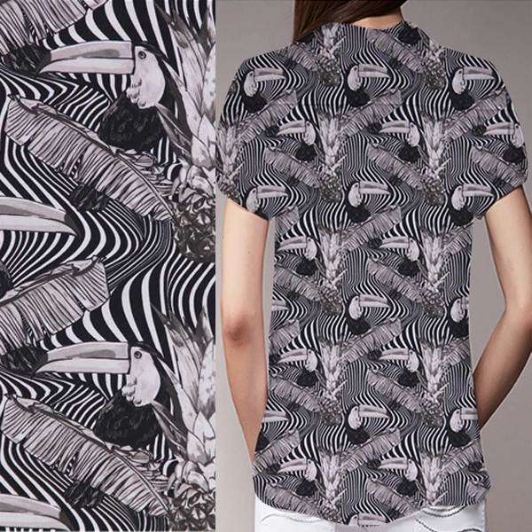 Шелковая ткань крепдешина с принтом птиц и растений тропический лес SCDC783|Ткань| |