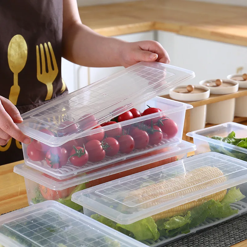 

Kitchen Organizer Refrigerator Storage Box Food Preservation Box Plastic Transparent Fruit Vegetable Drainable Stackable