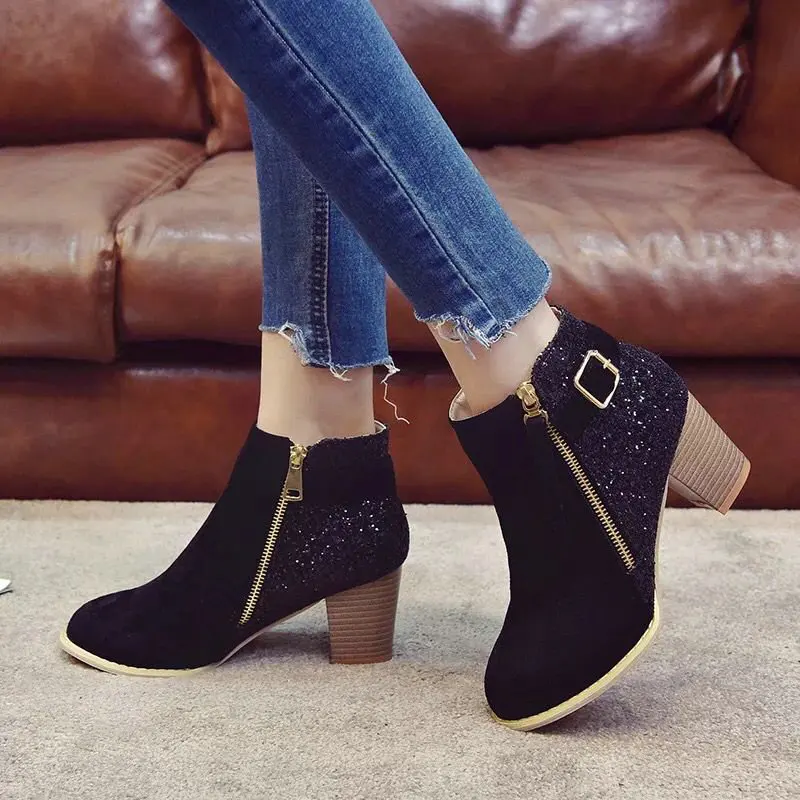 Женские ботильоны с блестками ботинки на высоком каблуке молнии большие размеры
