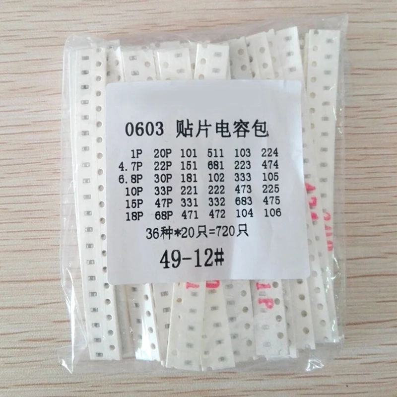 

36Values 720Pcs 0603 SMD Capacitor Assorted 1PF-10UF Samples Electronic Diy Kit