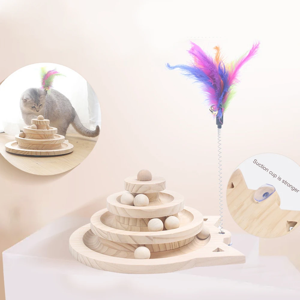 

Wooden 2/3 Levels Pet cat Toy Tower Tracks Disc cat Intelligence Amusement Triple Play Disc Cat toys ball Training Toys