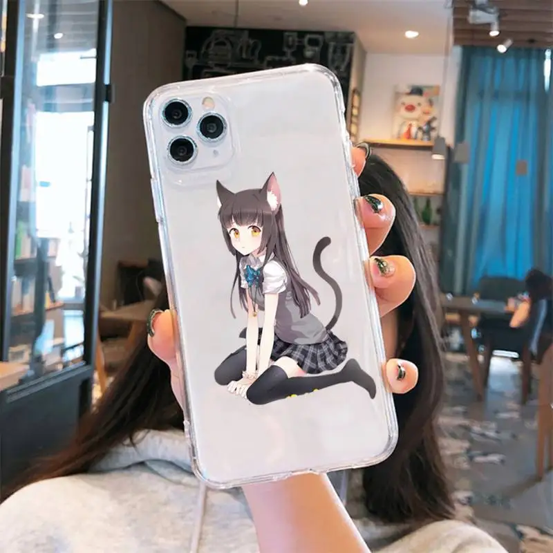 

Cute cat girl pink Phone Case Transparent for iPhone 6 7 8 11 12 s mini pro X XS XR MAX Plus cover funda shell