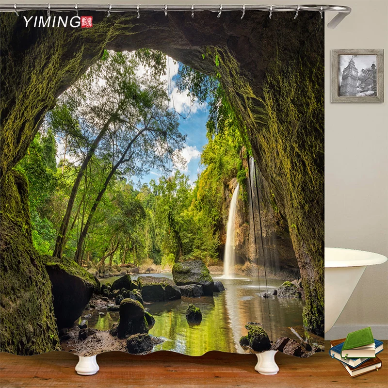 

Bathroom shower curtain polyester home decoration curtain forest natural scenery waterfall 3D printing curtain with hook