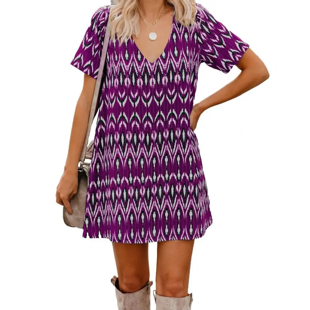 

80%HOT Women Dress Geometric Print V Neck Summer Short Sleeve Loose Skirt for Dating