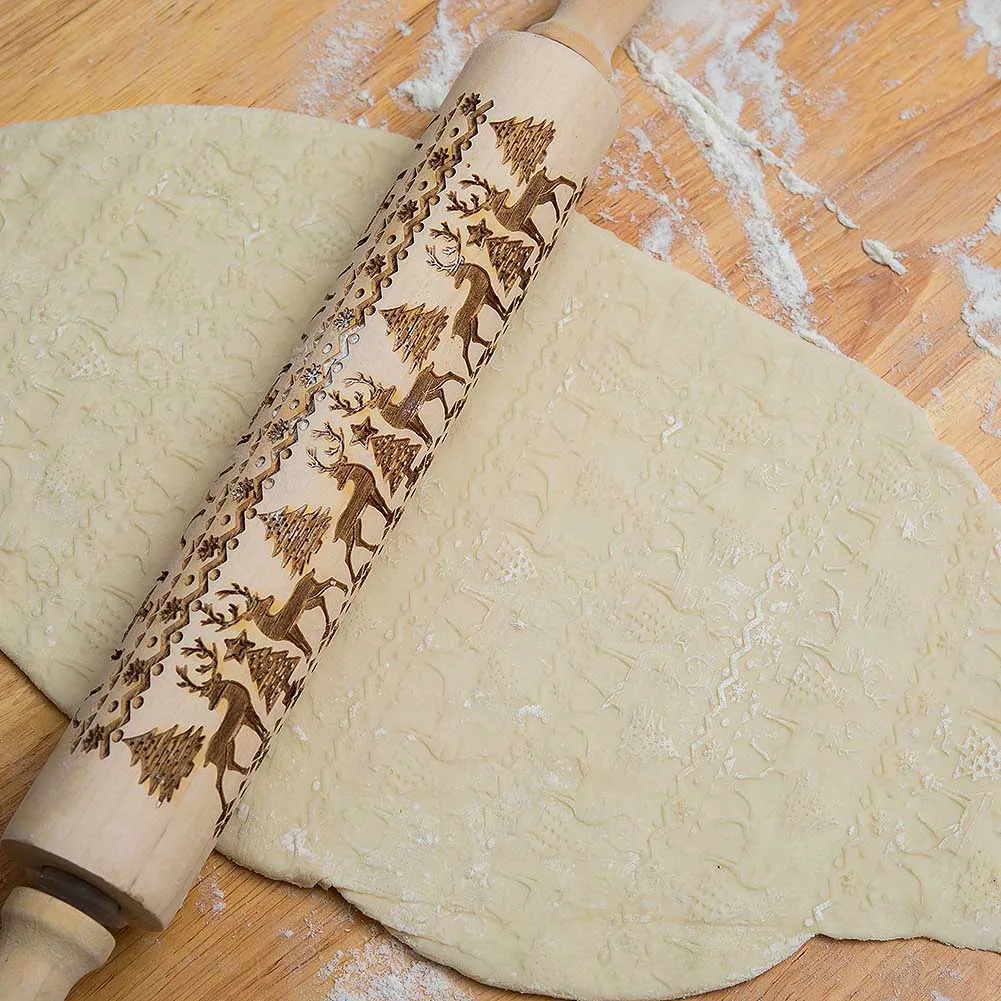 

Christmas Rolling Pin Engraved Carved Wood Embossed Rolling Pin Kitchen Tool F2