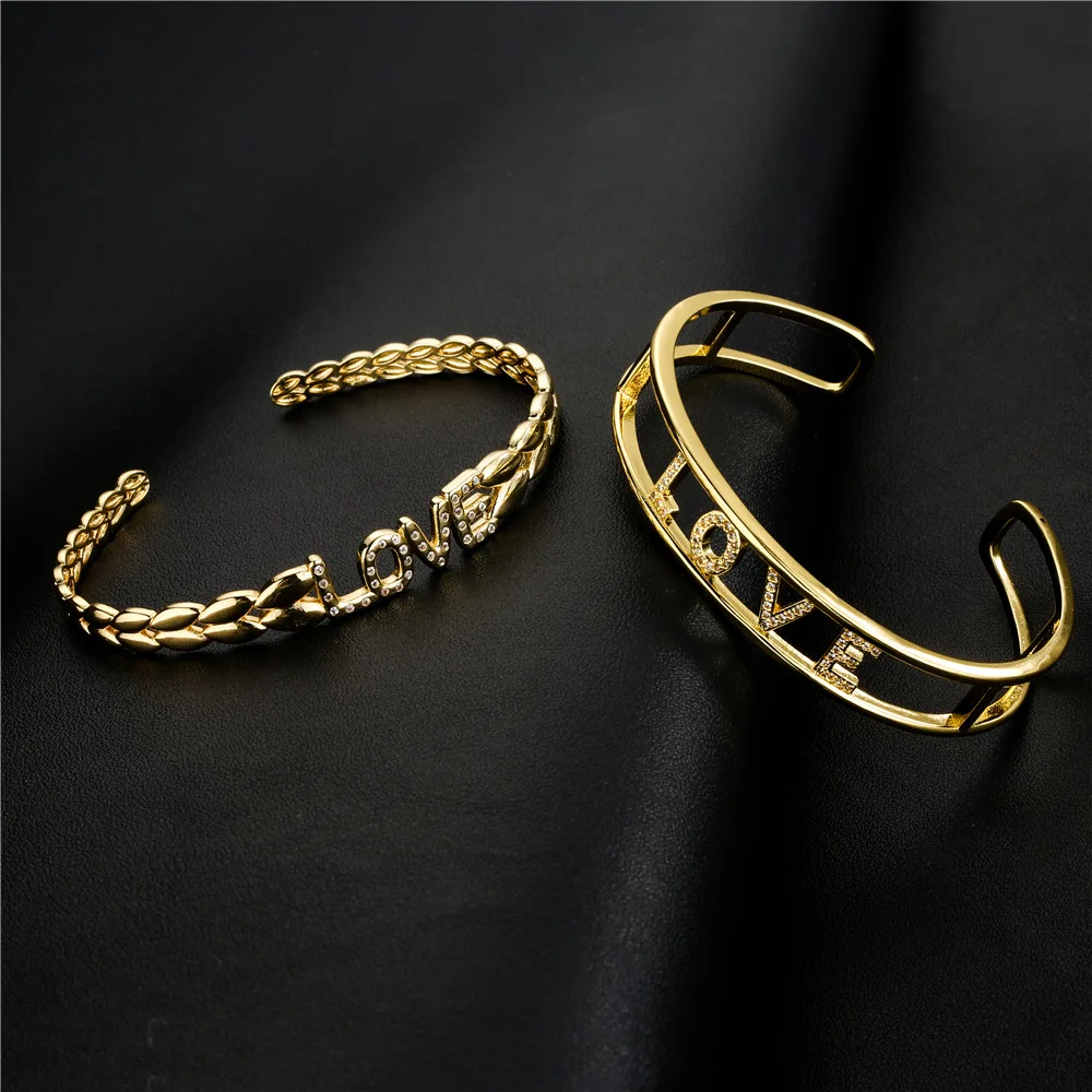 

Женские золотистые браслеты с буквами Love, открытый Браслет-манжета с инкрустированными кристаллами из циркония, ювелирные украшения для св...