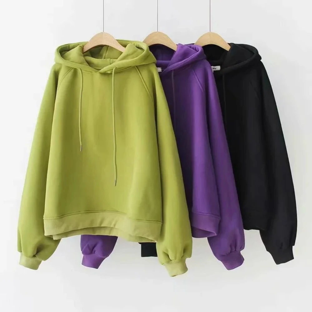 

2021 Autumn and Winter Plus Velvet Sweatershirt Drawstring Oversized Avocado Green Loose BF Fashion Padded Hoodie Pullover TOP