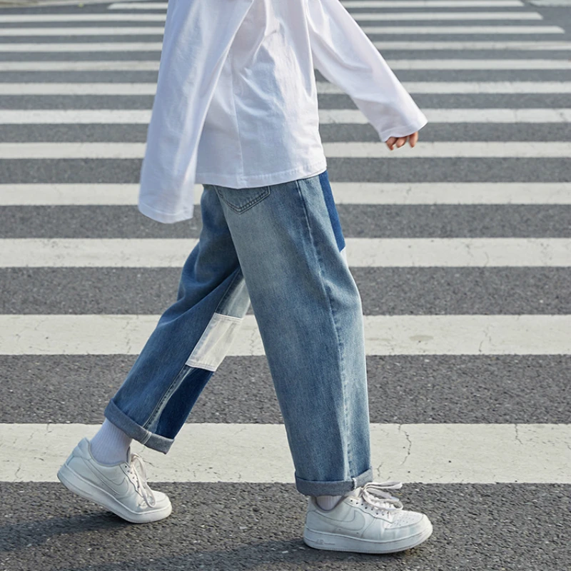 Men Jeans Patchwork Trendy Panelled Loose Leisure Chic Males Denim Straight Punk All-match Retro Trousers Baggy Cowboy Students