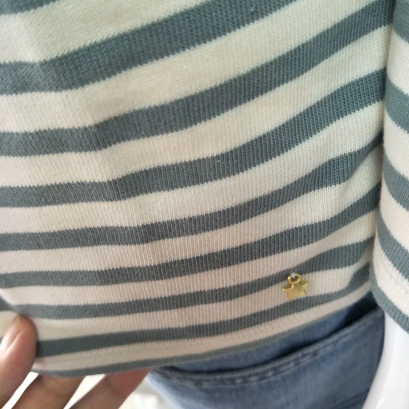 Женская футболка 2020 Весенняя новая серо-синяя полосатая с квадратным вырезом и
