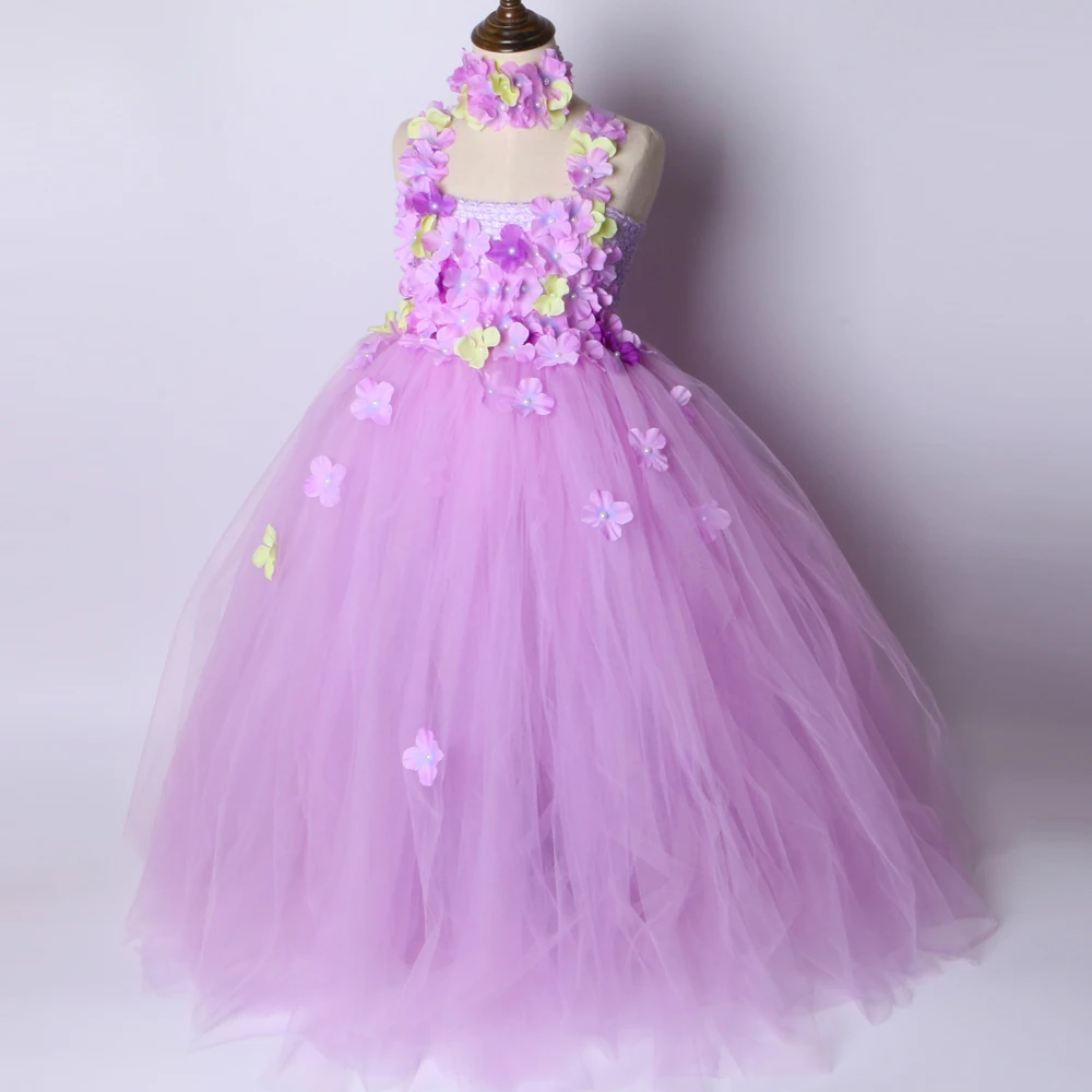 Лавандовое платье-пачка с цветочным узором для девочек платье феи принцессы