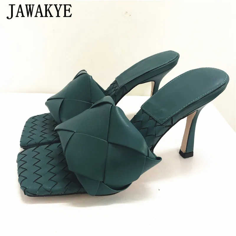 Женские сандалии шлепанцы из натуральной кожи на высоком каблуке с перекрестной