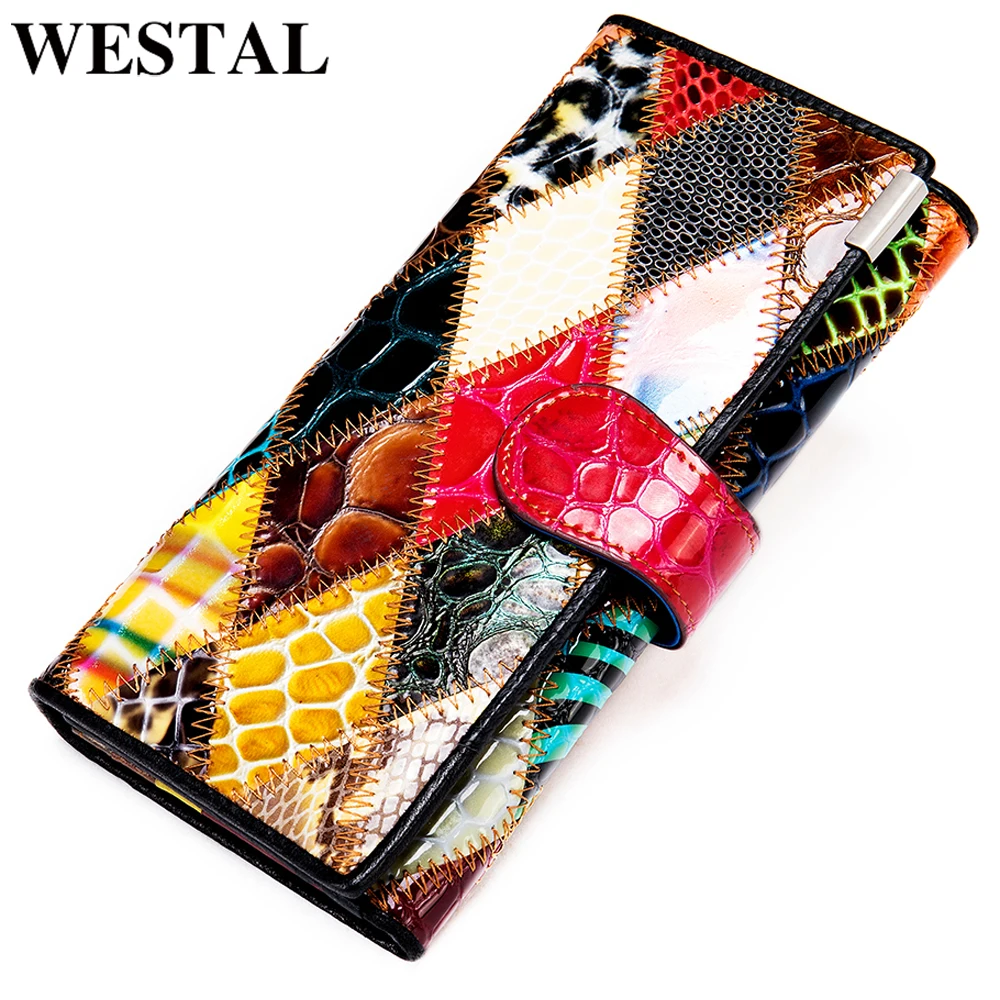 

WESTAL Wallet for Women Zipper Ladies Clutch Bags with Cellphone Women's Wallet Genuine Leather Female Patchwork Wallet Long 420