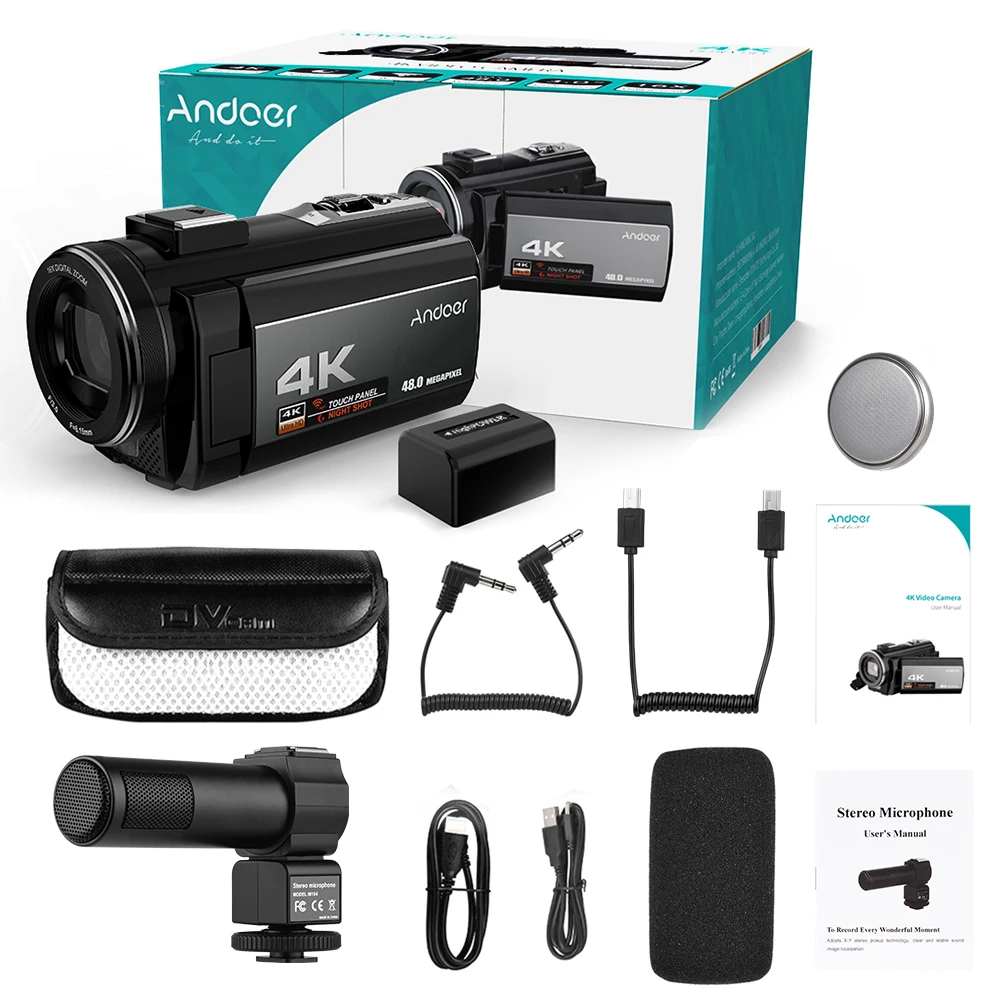 Andoer Портативная Домашняя видеокамера 4K 48MP WiFi цифровая с внешним микрофоном 0.39X