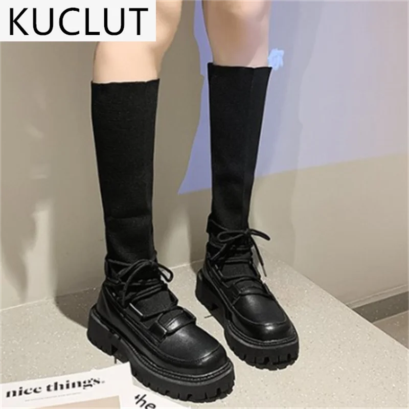 

Autumn New Women's Shoes 2021 Outdoor Comfortable Platform Boots for Women Fashion Lace-up Mesh Knee-high Stretch Fabric Boots