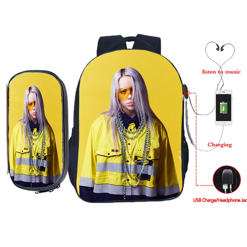 19 Billie Eilish рюкзак для зарядки через usb 2 шт./компл. школьная сумка для подростков мальчиков и девочек рюкзак для ноутбука пенал Дорожная сумка на плечо - Цвет: 19