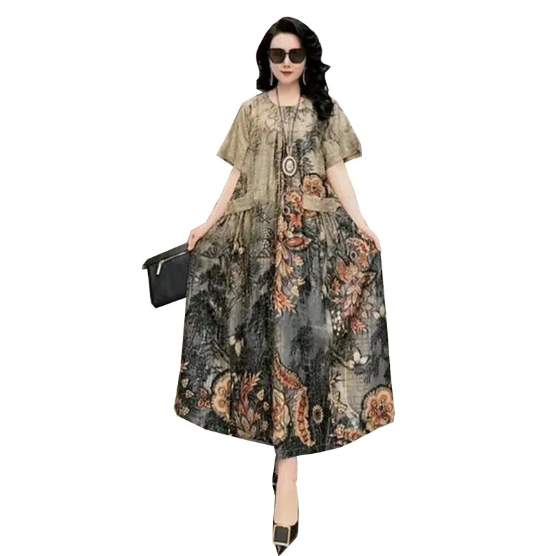 

2021 Summer Women's Silk Print Dress Loose Boutique Elegant Temperament Lady Dresses Oversize 5XL Vintage Dresses Female Fashion