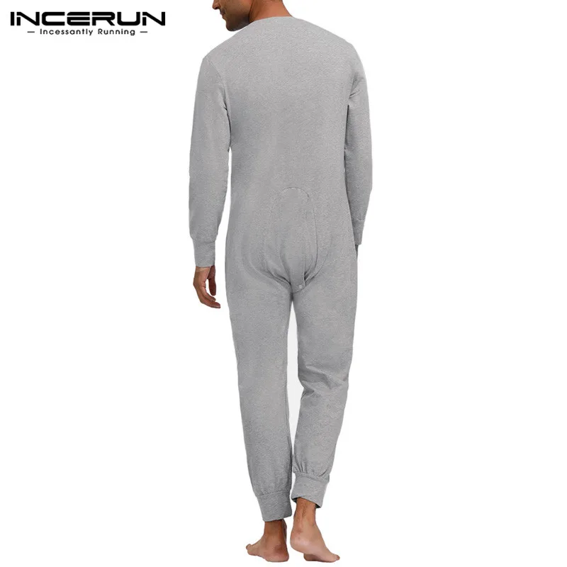 INCERUN Autumn Men Sexy Onesies Jumpsuits Pajama Long Sleeve Rompers Overalls Sleepwear Buttons Pyjamas Nightwear Mens Homewear