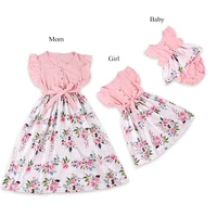 family matching clothes mom and daughter sweet floral printed dress fly sleeve splicing style parent child outfit baby romper