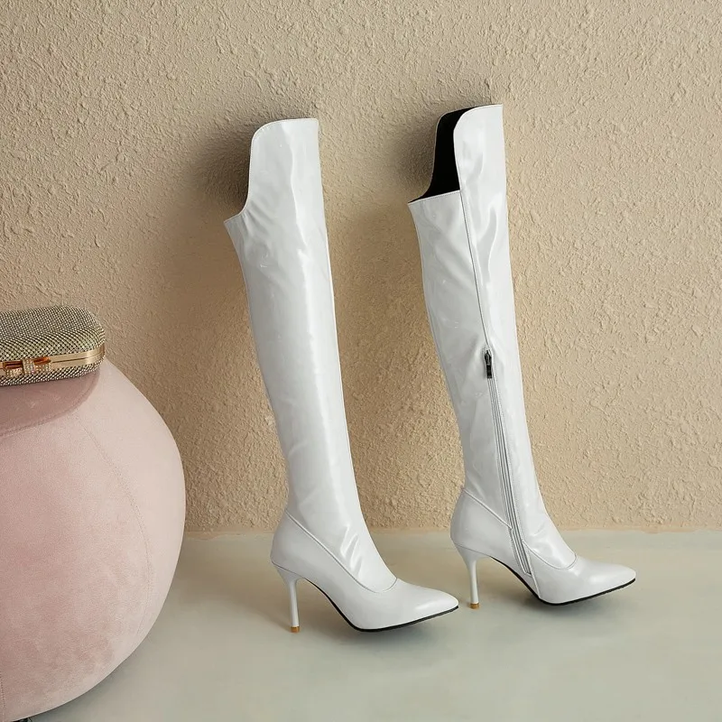 

Sexy High Heels Women Boots Over The Knee Winter 2020 Trend Pointed Toe Patent Leather Zipper Thigh High Long Boots Plus Size 42